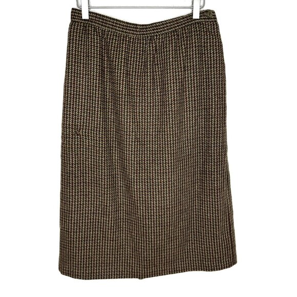 Vintage 70s Alfred Dunner Brown 100% Wool Houndstooth Midi Skirt, Size 12 - Picture 1 of 9